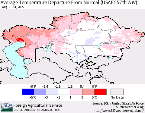 Kazakhstan Average Temperature Departure from Normal (USAF 557th WW) Thematic Map For 8/8/2022 - 8/14/2022