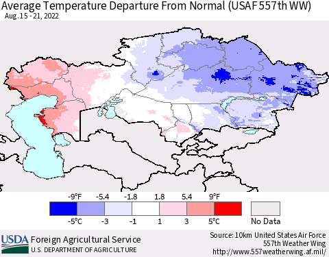 Kazakhstan Average Temperature Departure from Normal (USAF 557th WW) Thematic Map For 8/15/2022 - 8/21/2022