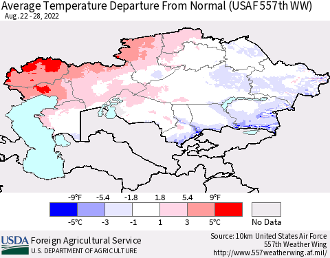 Kazakhstan Average Temperature Departure from Normal (USAF 557th WW) Thematic Map For 8/22/2022 - 8/28/2022