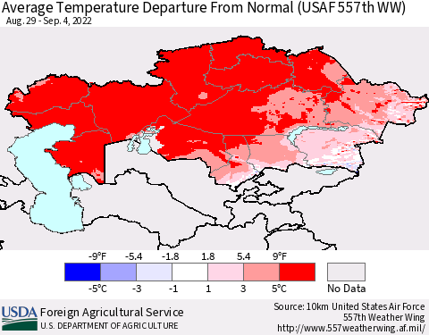 Kazakhstan Average Temperature Departure from Normal (USAF 557th WW) Thematic Map For 8/29/2022 - 9/4/2022