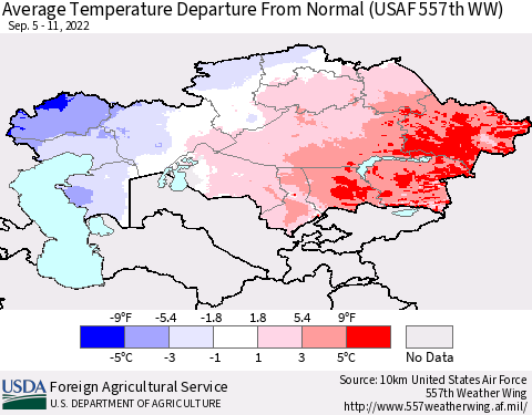 Kazakhstan Average Temperature Departure from Normal (USAF 557th WW) Thematic Map For 9/5/2022 - 9/11/2022