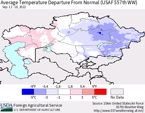 Kazakhstan Average Temperature Departure from Normal (USAF 557th WW) Thematic Map For 9/12/2022 - 9/18/2022
