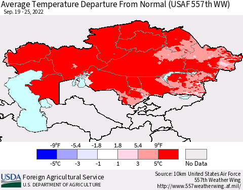 Kazakhstan Average Temperature Departure from Normal (USAF 557th WW) Thematic Map For 9/19/2022 - 9/25/2022