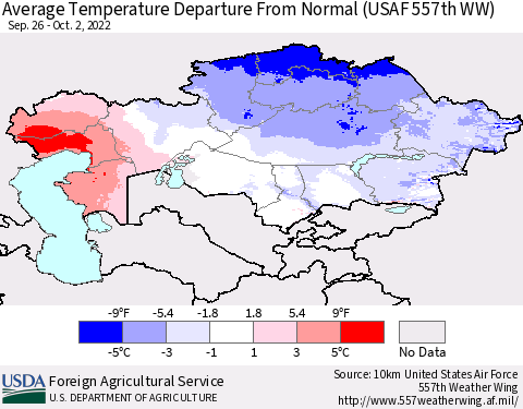 Kazakhstan Average Temperature Departure from Normal (USAF 557th WW) Thematic Map For 9/26/2022 - 10/2/2022