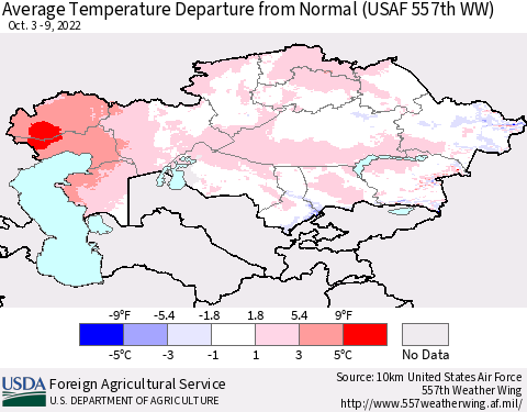Kazakhstan Average Temperature Departure from Normal (USAF 557th WW) Thematic Map For 10/3/2022 - 10/9/2022