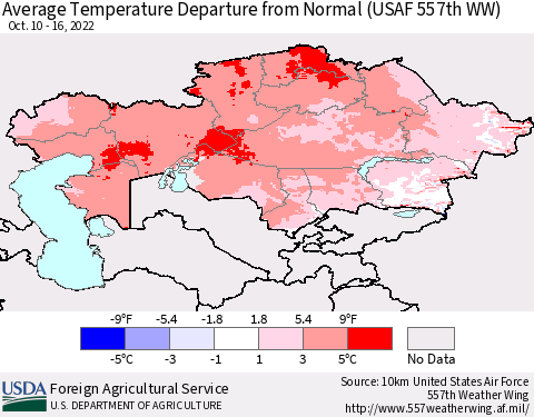 Kazakhstan Average Temperature Departure from Normal (USAF 557th WW) Thematic Map For 10/10/2022 - 10/16/2022