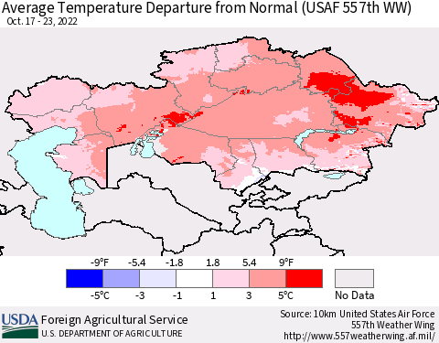 Kazakhstan Average Temperature Departure from Normal (USAF 557th WW) Thematic Map For 10/17/2022 - 10/23/2022