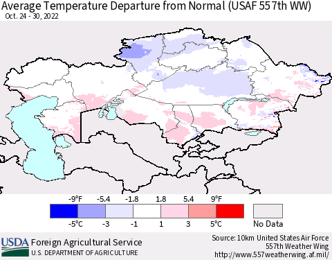 Kazakhstan Average Temperature Departure from Normal (USAF 557th WW) Thematic Map For 10/24/2022 - 10/30/2022