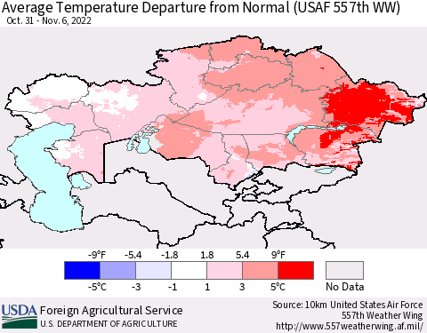 Kazakhstan Average Temperature Departure from Normal (USAF 557th WW) Thematic Map For 10/31/2022 - 11/6/2022