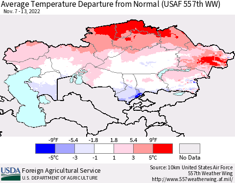 Kazakhstan Average Temperature Departure from Normal (USAF 557th WW) Thematic Map For 11/7/2022 - 11/13/2022