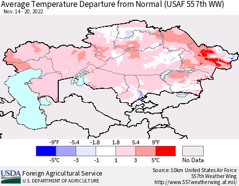Kazakhstan Average Temperature Departure from Normal (USAF 557th WW) Thematic Map For 11/14/2022 - 11/20/2022