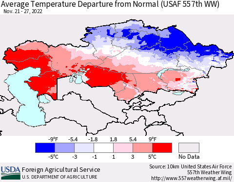 Kazakhstan Average Temperature Departure from Normal (USAF 557th WW) Thematic Map For 11/21/2022 - 11/27/2022