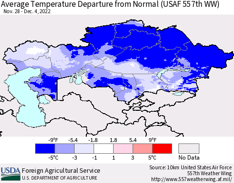 Kazakhstan Average Temperature Departure from Normal (USAF 557th WW) Thematic Map For 11/28/2022 - 12/4/2022