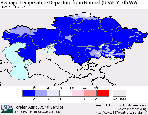 Kazakhstan Average Temperature Departure from Normal (USAF 557th WW) Thematic Map For 12/5/2022 - 12/11/2022