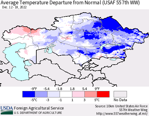 Kazakhstan Average Temperature Departure from Normal (USAF 557th WW) Thematic Map For 12/12/2022 - 12/18/2022