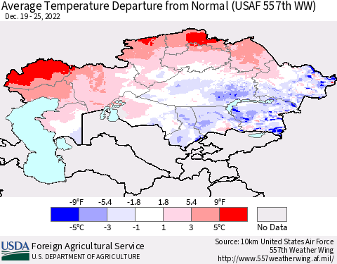 Kazakhstan Average Temperature Departure from Normal (USAF 557th WW) Thematic Map For 12/19/2022 - 12/25/2022