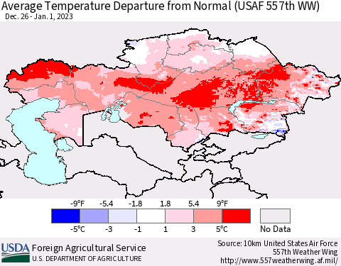 Kazakhstan Average Temperature Departure from Normal (USAF 557th WW) Thematic Map For 12/26/2022 - 1/1/2023