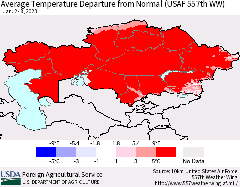 Kazakhstan Average Temperature Departure from Normal (USAF 557th WW) Thematic Map For 1/2/2023 - 1/8/2023
