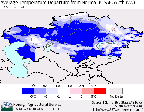 Kazakhstan Average Temperature Departure from Normal (USAF 557th WW) Thematic Map For 1/9/2023 - 1/15/2023