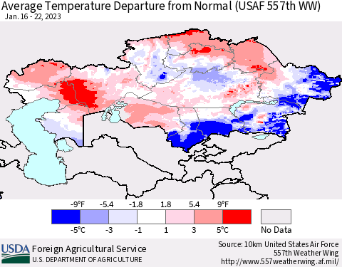 Kazakhstan Average Temperature Departure from Normal (USAF 557th WW) Thematic Map For 1/16/2023 - 1/22/2023
