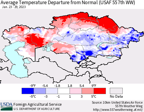 Kazakhstan Average Temperature Departure from Normal (USAF 557th WW) Thematic Map For 1/23/2023 - 1/29/2023