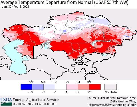 Kazakhstan Average Temperature Departure from Normal (USAF 557th WW) Thematic Map For 1/30/2023 - 2/5/2023