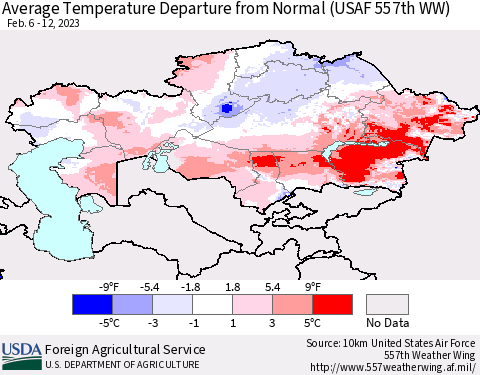 Kazakhstan Average Temperature Departure from Normal (USAF 557th WW) Thematic Map For 2/6/2023 - 2/12/2023