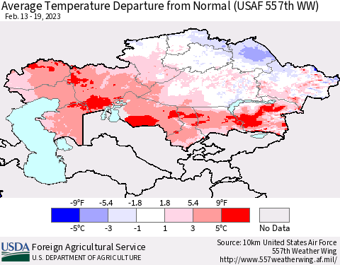 Kazakhstan Average Temperature Departure from Normal (USAF 557th WW) Thematic Map For 2/13/2023 - 2/19/2023