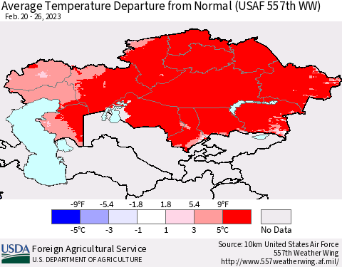 Kazakhstan Average Temperature Departure from Normal (USAF 557th WW) Thematic Map For 2/20/2023 - 2/26/2023