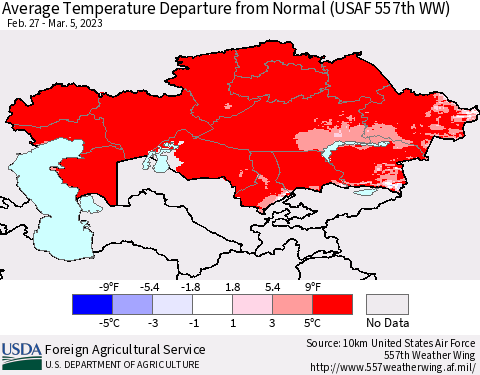 Kazakhstan Average Temperature Departure from Normal (USAF 557th WW) Thematic Map For 2/27/2023 - 3/5/2023