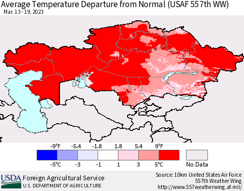 Kazakhstan Average Temperature Departure from Normal (USAF 557th WW) Thematic Map For 3/13/2023 - 3/19/2023