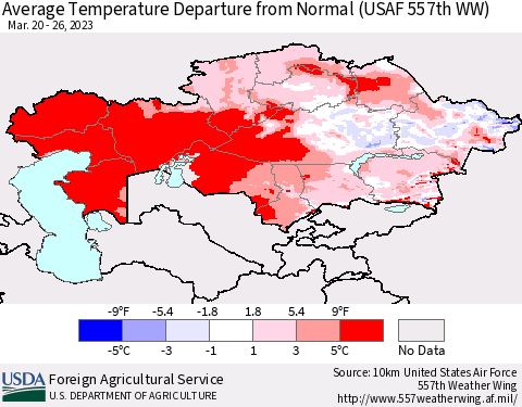 Kazakhstan Average Temperature Departure from Normal (USAF 557th WW) Thematic Map For 3/20/2023 - 3/26/2023