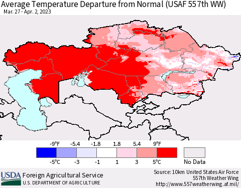 Kazakhstan Average Temperature Departure from Normal (USAF 557th WW) Thematic Map For 3/27/2023 - 4/2/2023
