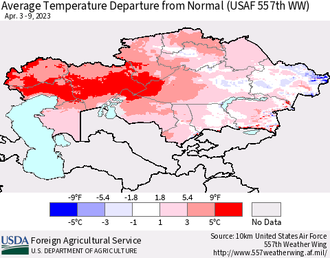 Kazakhstan Average Temperature Departure from Normal (USAF 557th WW) Thematic Map For 4/3/2023 - 4/9/2023