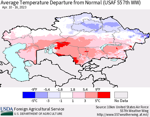Kazakhstan Average Temperature Departure from Normal (USAF 557th WW) Thematic Map For 4/10/2023 - 4/16/2023