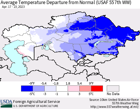 Kazakhstan Average Temperature Departure from Normal (USAF 557th WW) Thematic Map For 4/17/2023 - 4/23/2023