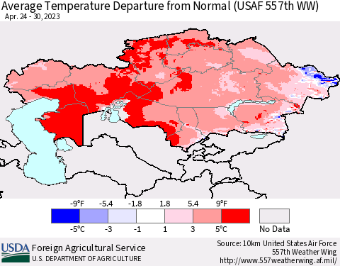 Kazakhstan Average Temperature Departure from Normal (USAF 557th WW) Thematic Map For 4/24/2023 - 4/30/2023