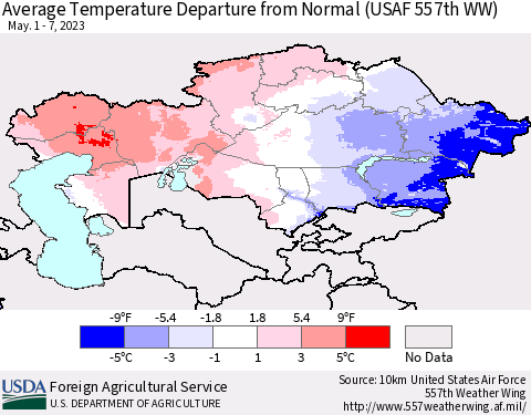 Kazakhstan Average Temperature Departure from Normal (USAF 557th WW) Thematic Map For 5/1/2023 - 5/7/2023