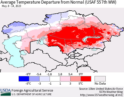 Kazakhstan Average Temperature Departure from Normal (USAF 557th WW) Thematic Map For 5/8/2023 - 5/14/2023