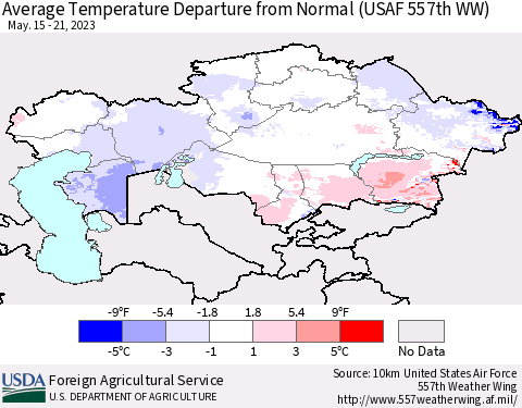 Kazakhstan Average Temperature Departure from Normal (USAF 557th WW) Thematic Map For 5/15/2023 - 5/21/2023