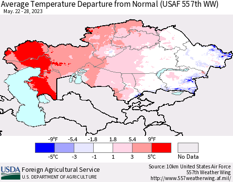 Kazakhstan Average Temperature Departure from Normal (USAF 557th WW) Thematic Map For 5/22/2023 - 5/28/2023