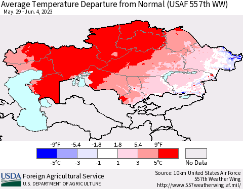 Kazakhstan Average Temperature Departure from Normal (USAF 557th WW) Thematic Map For 5/29/2023 - 6/4/2023