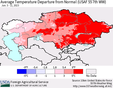 Kazakhstan Average Temperature Departure from Normal (USAF 557th WW) Thematic Map For 6/5/2023 - 6/11/2023
