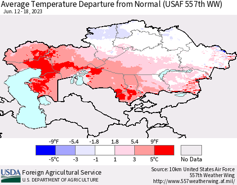 Kazakhstan Average Temperature Departure from Normal (USAF 557th WW) Thematic Map For 6/12/2023 - 6/18/2023