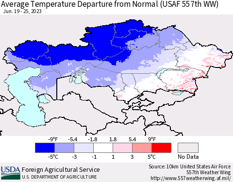 Kazakhstan Average Temperature Departure from Normal (USAF 557th WW) Thematic Map For 6/19/2023 - 6/25/2023
