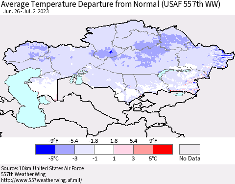 Kazakhstan Average Temperature Departure from Normal (USAF 557th WW) Thematic Map For 6/26/2023 - 7/2/2023