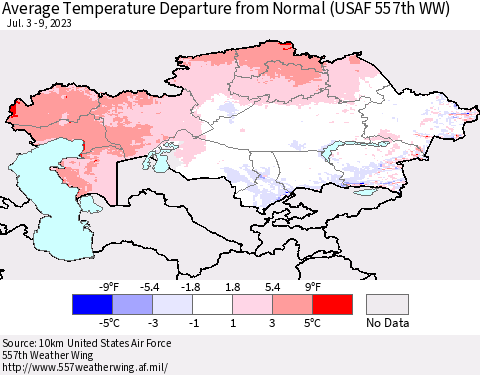 Kazakhstan Average Temperature Departure from Normal (USAF 557th WW) Thematic Map For 7/3/2023 - 7/9/2023