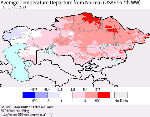 Kazakhstan Average Temperature Departure from Normal (USAF 557th WW) Thematic Map For 7/10/2023 - 7/16/2023