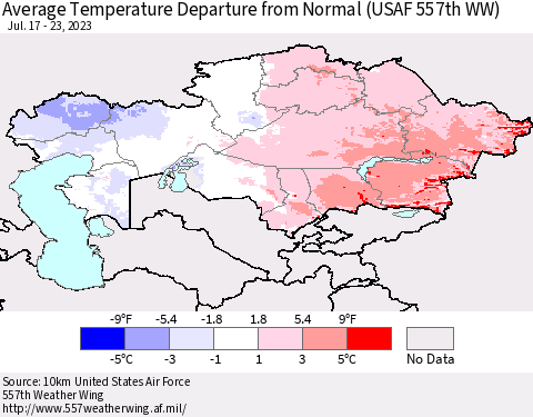 Kazakhstan Average Temperature Departure from Normal (USAF 557th WW) Thematic Map For 7/17/2023 - 7/23/2023