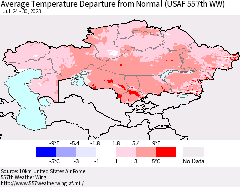 Kazakhstan Average Temperature Departure from Normal (USAF 557th WW) Thematic Map For 7/24/2023 - 7/30/2023